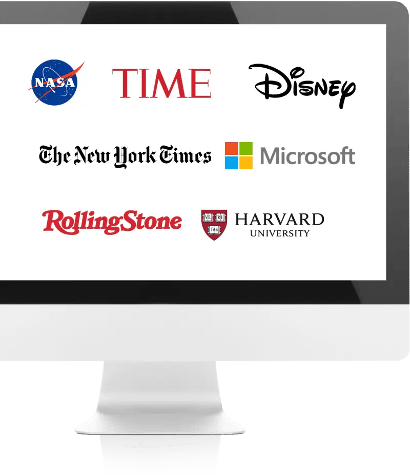 Computer monitor displaying logos of NASA, TIME, Disney, The New York Times, Microsoft, Rolling Stone, and Harvard University—a testament to Snap 360 website design excellence.