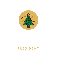 A stylised Christmas tree icon above the name "Ken" in white script and the title "PRESIDENT" in gold capital letters on a light background.