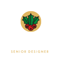 Circular icon with holly leaves and berries above the name "Sarah" in white script and the title "Senior Designer" in gold capital letters on a light background.