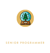 Icon of a snow globe with a tree inside above the name "Zach" in white script and the title "Senior Programmer" in gold capital letters on a light background.