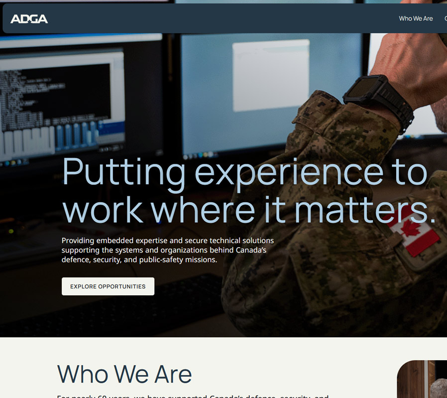 A Canadian soldier in uniform sits at a computer with multiple screens. The text reads, "Putting experience to work where it matters," highlighting ADGA's expertise in supporting agencies in defence, security, and public-safety missions.
