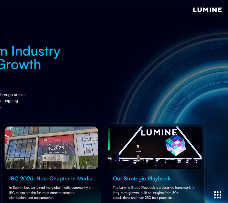 A website section with the heading "Industry Growth" shows two feature cards: one with an image of "IBC 2025" banners at an event, and another highlighting agency innovation as a person presents on stage with "LUMINE" displayed behind.