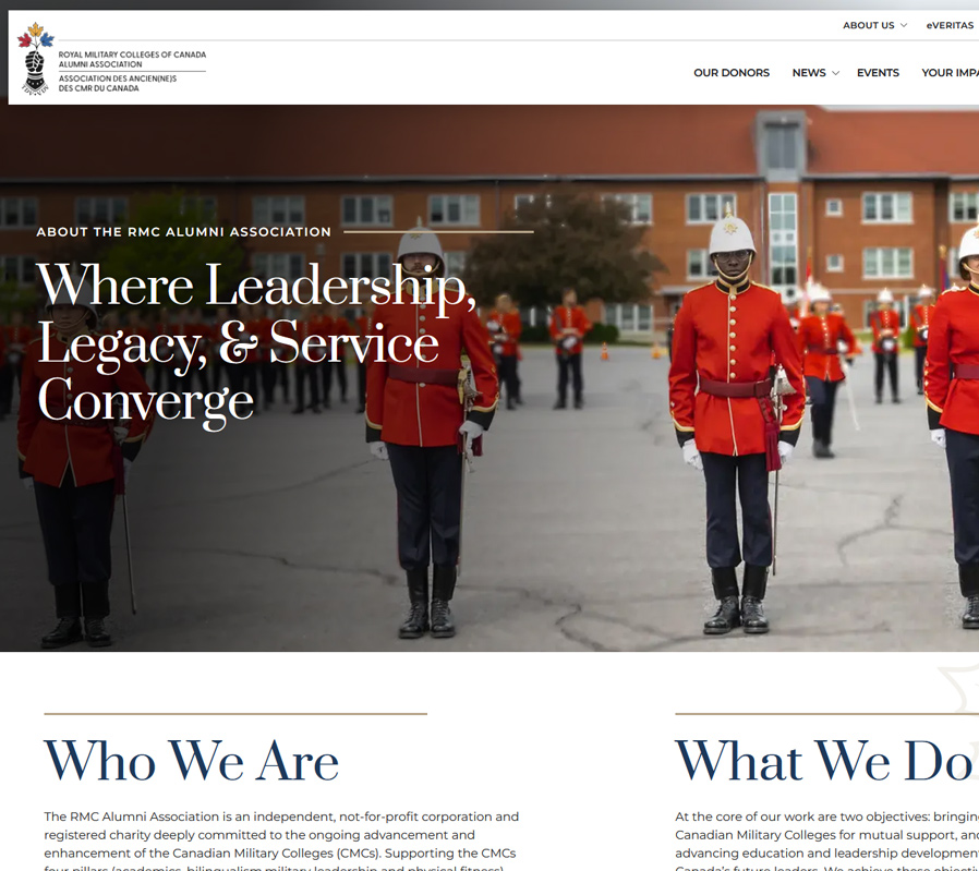 A group of uniformed cadets stands in formation outdoors on a paved area, with a brick building in the background—an image that exemplifies the tradition and discipline highlighted through thoughtful website design on the Royal Military College Alumni Association website.